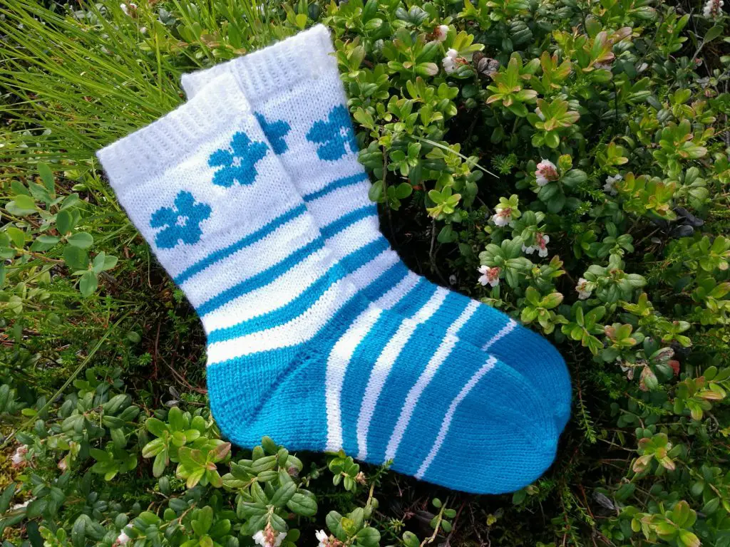 A striped colorwork sock knitting pattern with german short row heel. Blue and white stripes with flowers on the cuff.