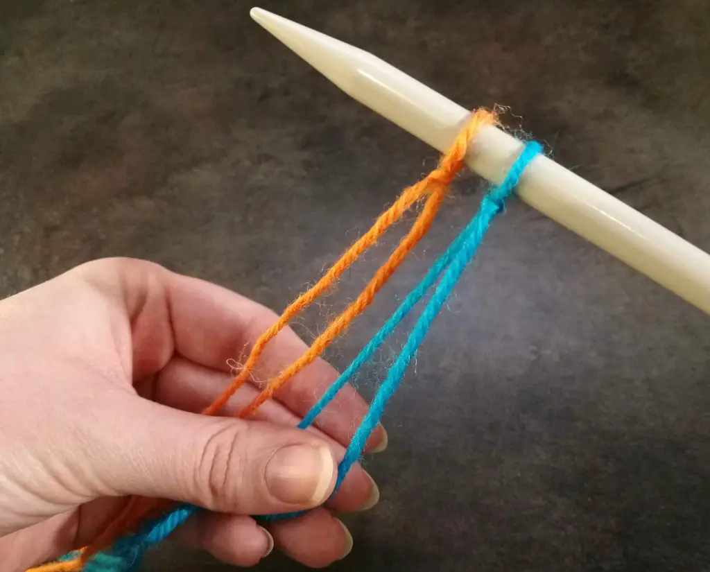 Two color cast on method setup with two slip knots
