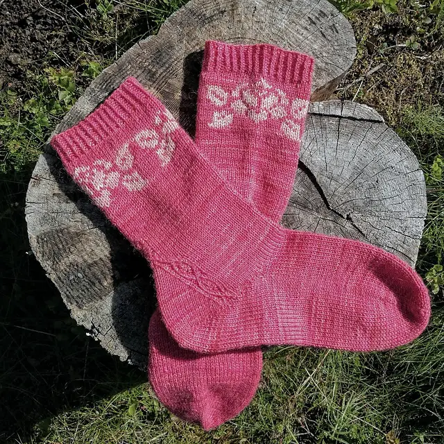 Fairisle socks with a rose motif and strong heel