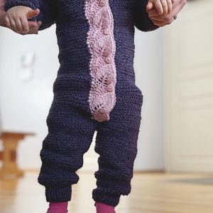 Baby overall knitted with garter stitch. Button band is made of knitted leaves.