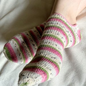 Knit ankle socks. Knitted with Regia Cotton Tutti Frutti in Colorway Dragon Fruit.
